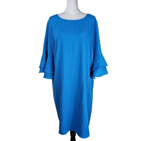 Soft Surroundings Blue Ruffle Sleeve Shift Dress Sz L Lightweight Crepe Boho - Picture 1 of 10